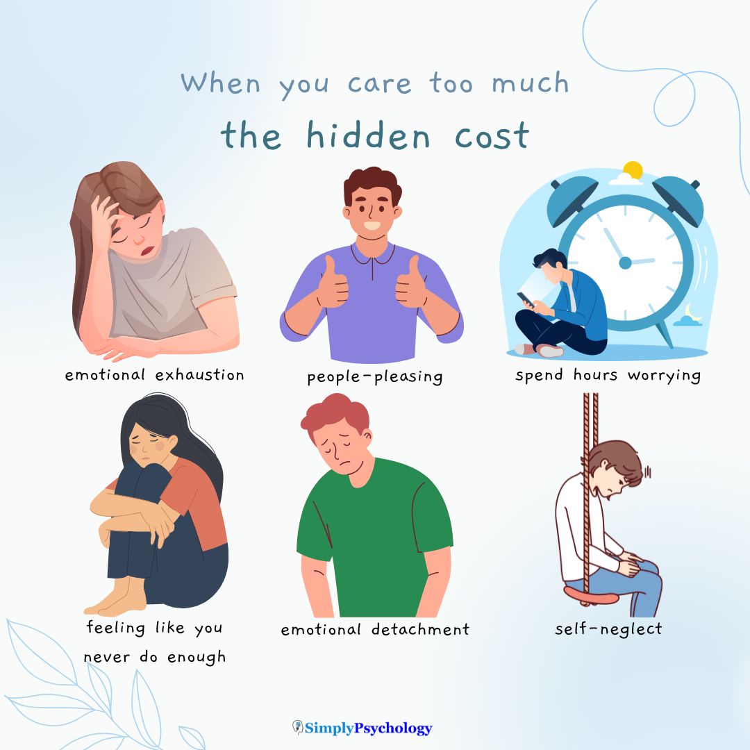 Why Do I Care Too Much 6 consequences of caring too much about everything with an associated image for each. Some include feeling like you never do enough and emotional exhaustion