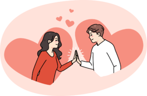 How To Know If Your Date Has A Secure Attachment Style 11 illustration of a man and woman facing each other putting their hands together, in front of love hearts